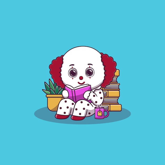 Leuke clown die zit tijdens het lezen van een boek