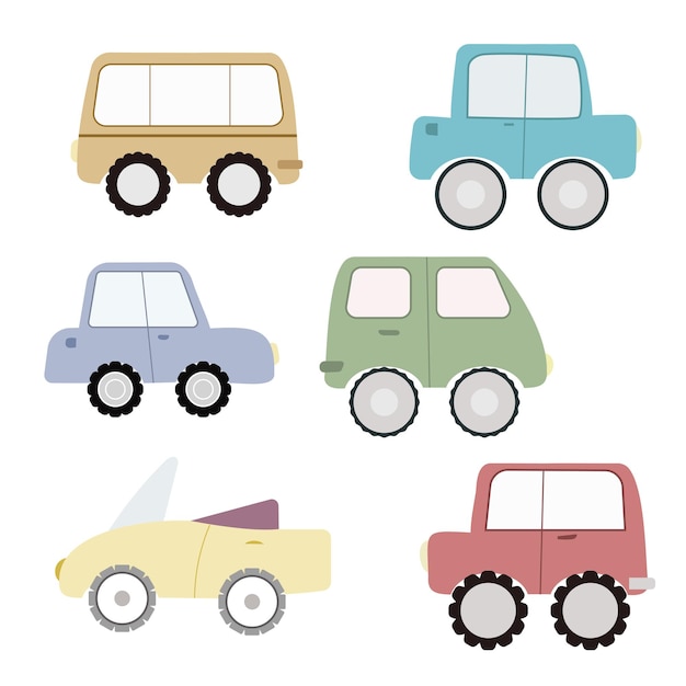 Leuke collectie Cartoon kleurrijke auto's geïsoleerd op een witte achtergrond Platte hand getrokken stijl Vector