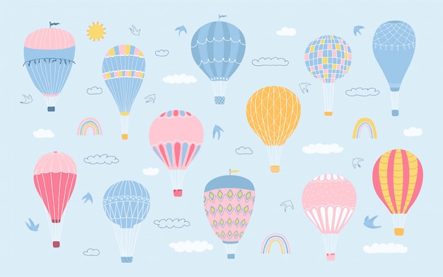Leuke collectie verschillende romantische luchtballonnen, wolken, vogels, regenboog in pastelkleuren. set van pictogrammen voor kinderkamer ontwerp.