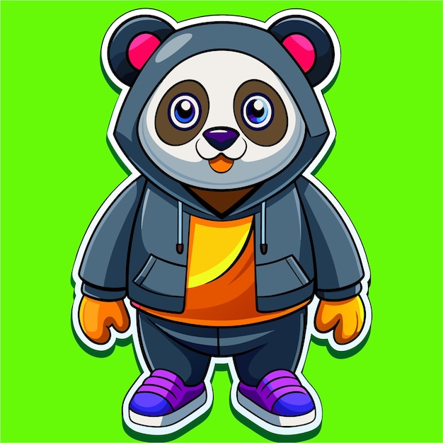 Leuke coole panda met jas en sneaker met de hand getekende cartoon personage sticker icoon concept