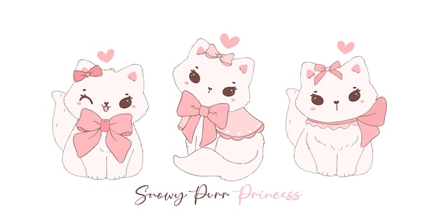 Leuke coquette katten met Valentijnsdag pluizige witte kitten versierd met roze lint boogbanner schattig huisdier doodle illustratie handtekening