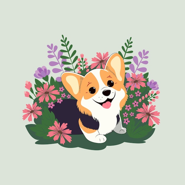 Leuke corgi-hond in lentebloemen