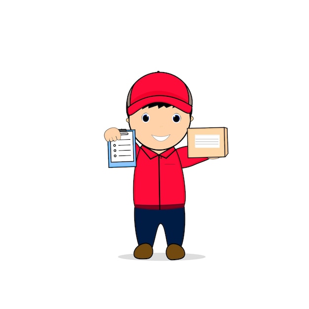 Leuke Courier Boy Holding Package en check book Cartoon Vector Icon Illustration