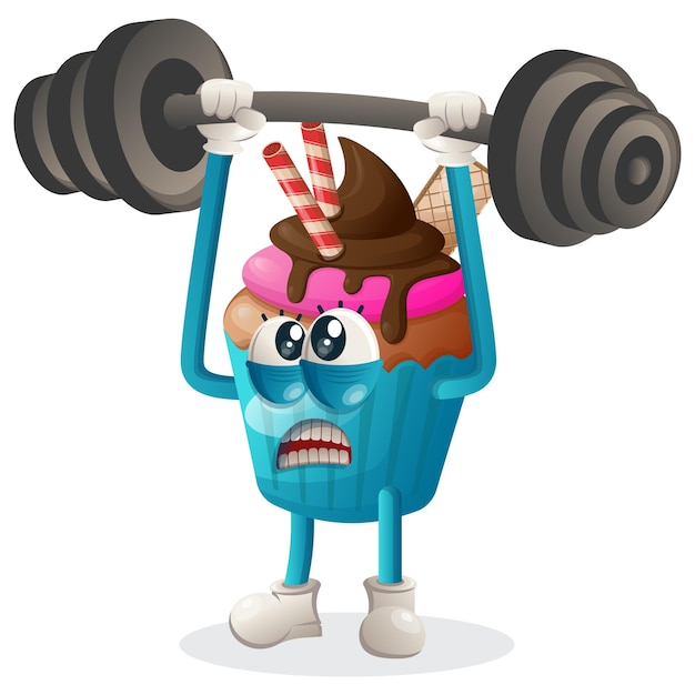 Leuke cupcake mascotte bodybuilding met barbell buigende spieren