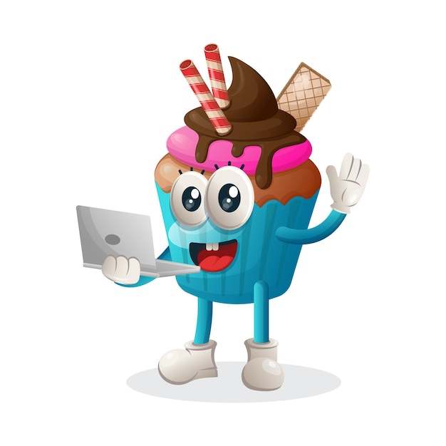 Vector leuke cupcake-mascotte die met een laptop werkt