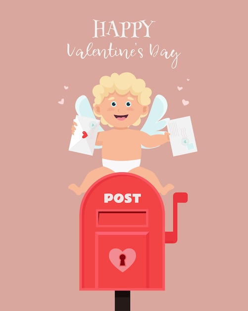 Leuke cupido met liefdesenvelop, zittend op brievenbus. amoer jongen karakter in vlakke stijl cartoon. vector illustratie