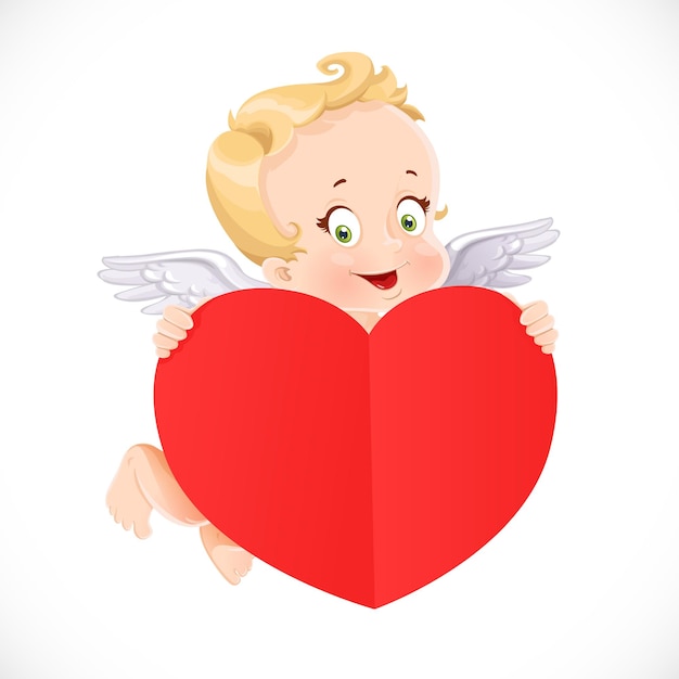 Leuke Cupido vliegt met een groot valentijn hartvormig rood papier