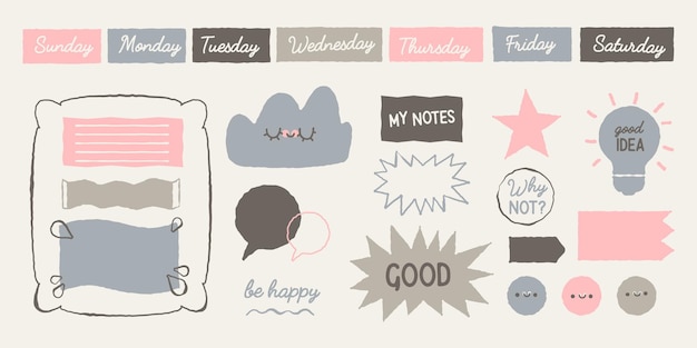 Leuke dagboeknotitie-elementen handgetekende doodles bullet journal banners premium vector