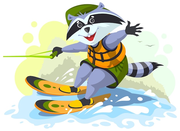 Leuke dieren wasbeer padvinder rit waterskiën Vector cartoon tekening illustratie