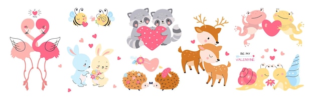 Leuke dierenparen in liefde valentijnsdag liefhebbende dieren met harten herten en bijen romantisch konijn en flamingo cartoon hedendaagse vector personages van schattige liefde valentijnsdag illustratie
