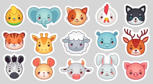 Leuke dierenstickers, lachende schattige dierengezichten, kawaiischapen en grappige kip cartoon set