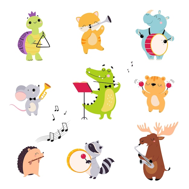 Leuke dierlijke personages die muziekinstrumenten spelen en een concert-vector-set uitvoeren