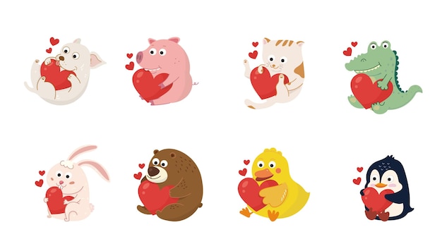 Leuke dierlijke stripfiguren met rood hart Set Lovely Animal verliefd op Valentijnsdag