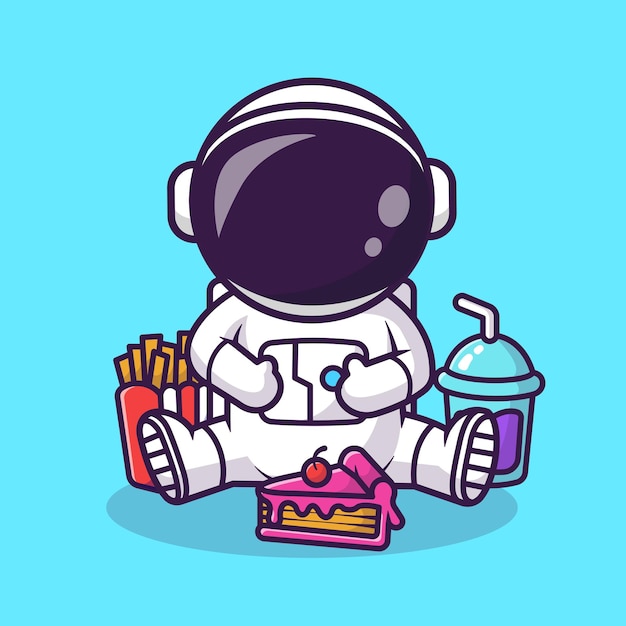 Leuke dikke astronaut die cake met frietjes en frisdrank eet cartoon vectorpictogramillustratie