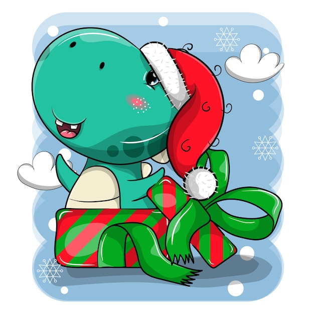 Leuke dinosaurus cartoon met een kerstmuts en in de geschenkdoos