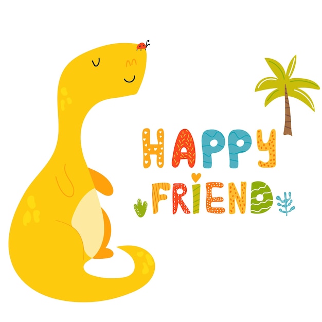 Leuke dinosaurus en met de hand getekende tekst gelukkige vriend