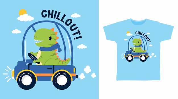 Leuke dinosaurus in auto tee ontwerpconcept