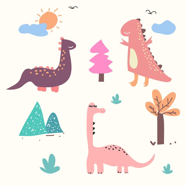 Leuke dinosaurus vectorcollectie voor print wenskaart en achtergrondbehang