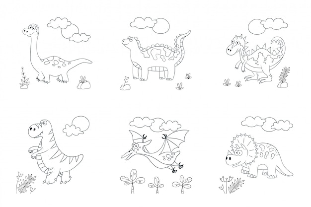 Leuke dinosaurussen. set van dinosaurussen. illustratie in doodle en cartoon-stijl