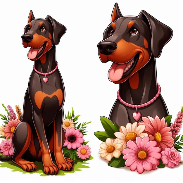 Vector leuke doberman honden amp bloem vector cartoon illustratie