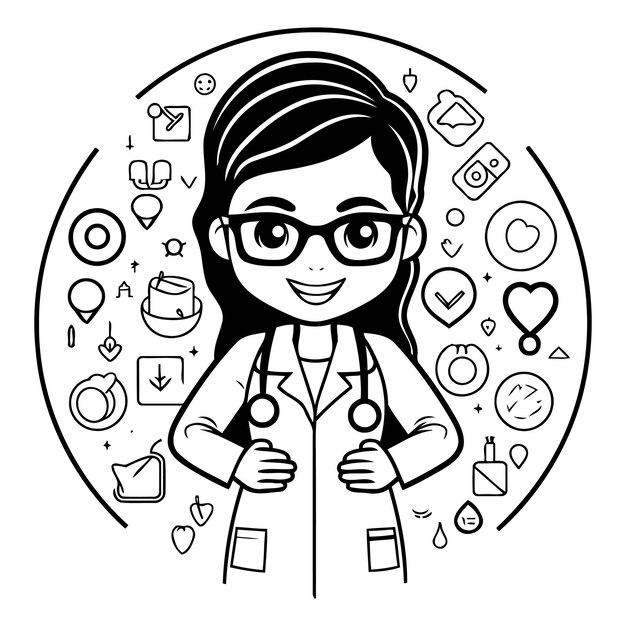 Leuke dokter vrouw met stethoscoop en pictogrammen vector illustratie ontwerp