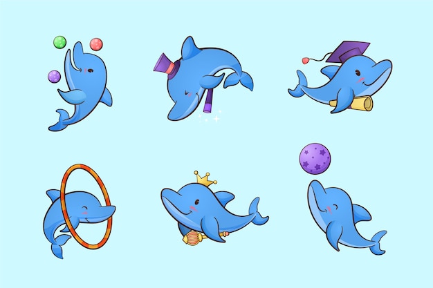 Vector leuke dolfijn met verschillende activiteiten cartoon afbeelding set