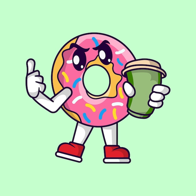 Leuke donutmascotte die koffie houdt