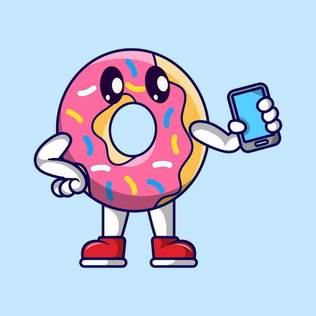 Leuke donutmascotte die smartphone houdt