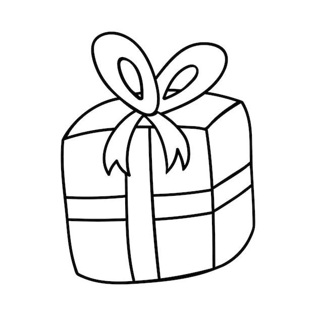 Leuke doodle geschenkdoos met een lint en grote strik voor kerstmis verjaardag of andere vakantie gestileerde kerst teken gesloten aanwezig vectorillustratie met hand getrokken schets geïsoleerd op achtergrond