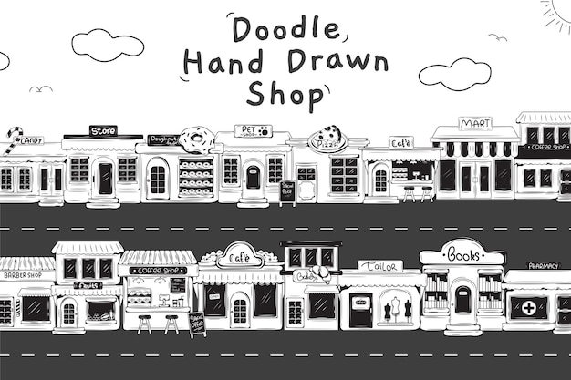 Vector leuke doodle handgetekende winkel illustratieset