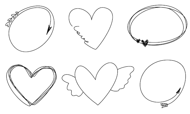 Leuke doodle harten frames met liefde pijlen voor een huwelijksuitnodiging Line vector illustraties hand