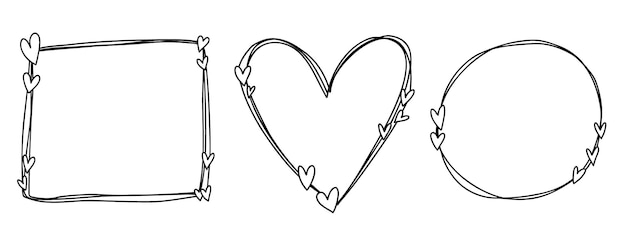 Leuke doodle harten frames met liefde voor een huwelijksuitnodiging lijn illustraties handgetekende