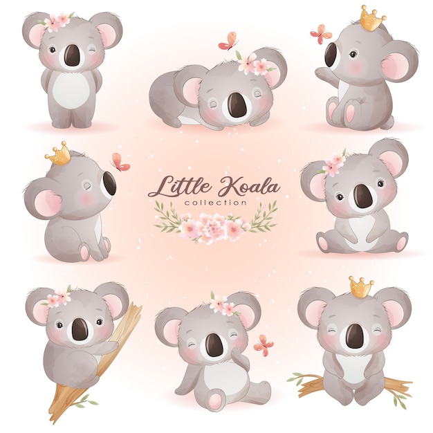 Leuke doodle koala met bloemen illustratie