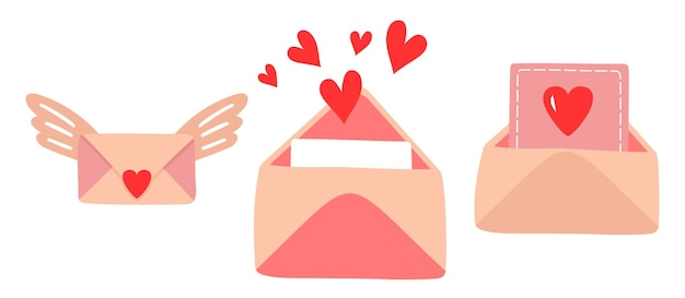 Leuke doodle liefdesbrieven, envelop met hart. Hand getrokken vectorillustratie