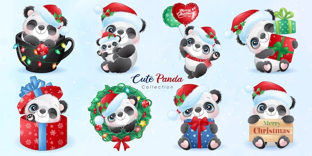 Leuke doodle panda ingesteld voor kerstdag met aquarel illustratie