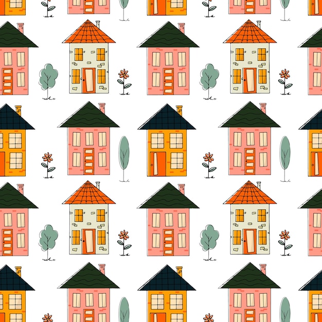 Leuke doodle stijl huizen Naadloos patroon Kan worden gebruikt voor behang vullen webpagina achtergrond sur