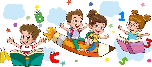 leuke educatieve afbeeldingen met educatief materiaal Funny Kid Flying On Colorful Pencil cartoon vector