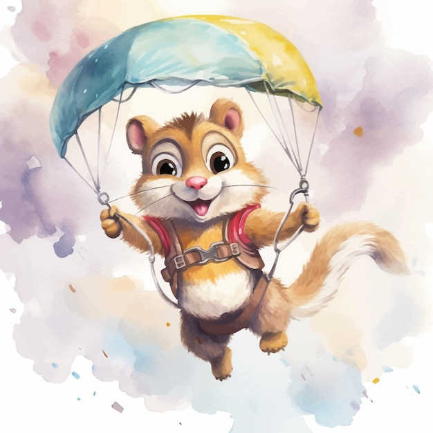 Leuke eekhoorn cartoon vliegen met parachute in aquarel stijl