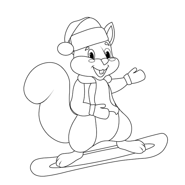 Leuke eekhoorn in een nieuwjaarsmuts, sjaal en wanten snowboarden winterentertainment lijnschets