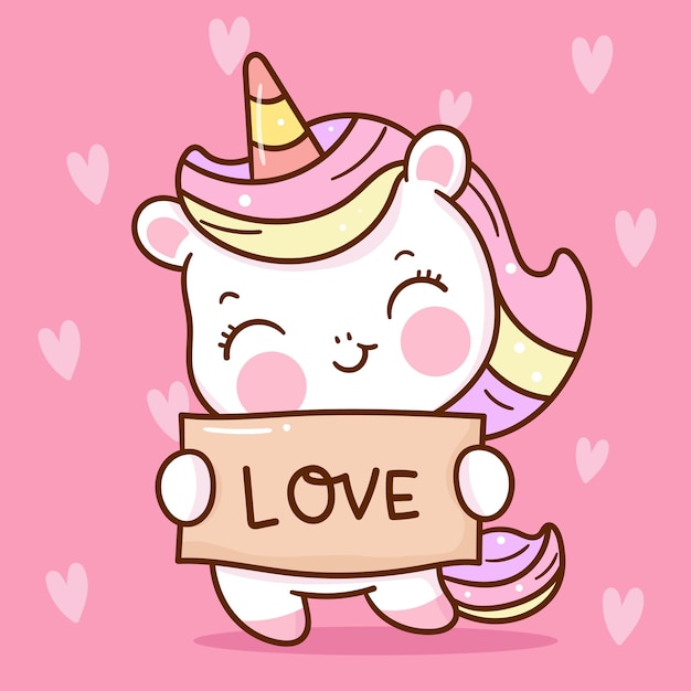 Vector leuke eenhoorn cartoon met liefde label kawaii voor valentijn dag