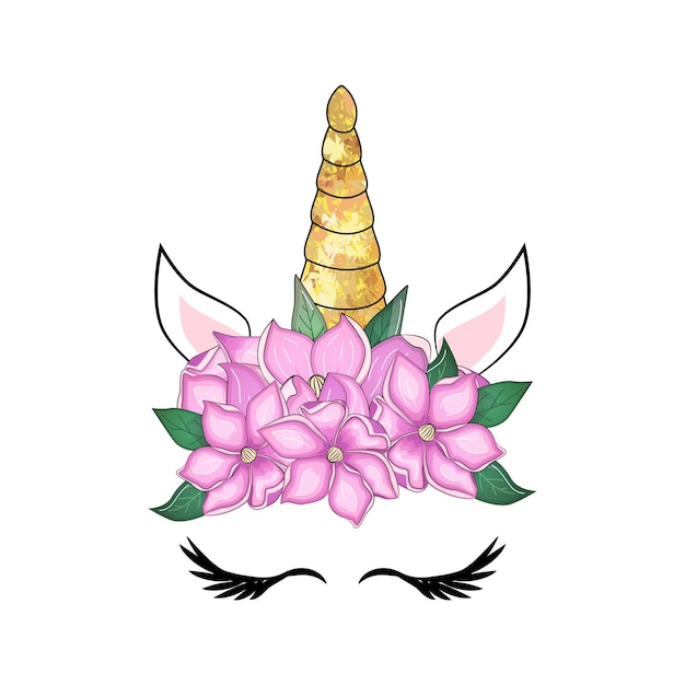 Vector leuke eenhoorn met bloemenkrans en gouden glitterhoorn vector handgetekende illustratie