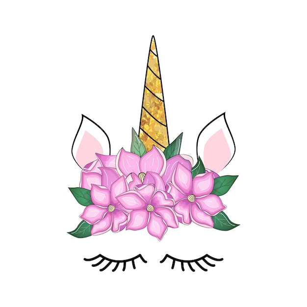 Leuke eenhoorn met bloemenkrans en gouden glitterhoorn Vector handgetekende illustratie