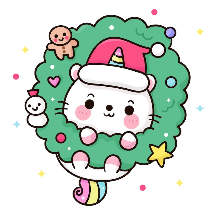 Vector leuke eenhoornkat cartoon met kerstkrans kawaii dier