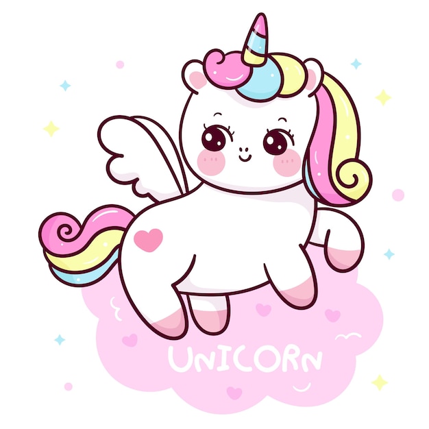 Leuke eenhoornpegasus op wolk kawaii cartoon