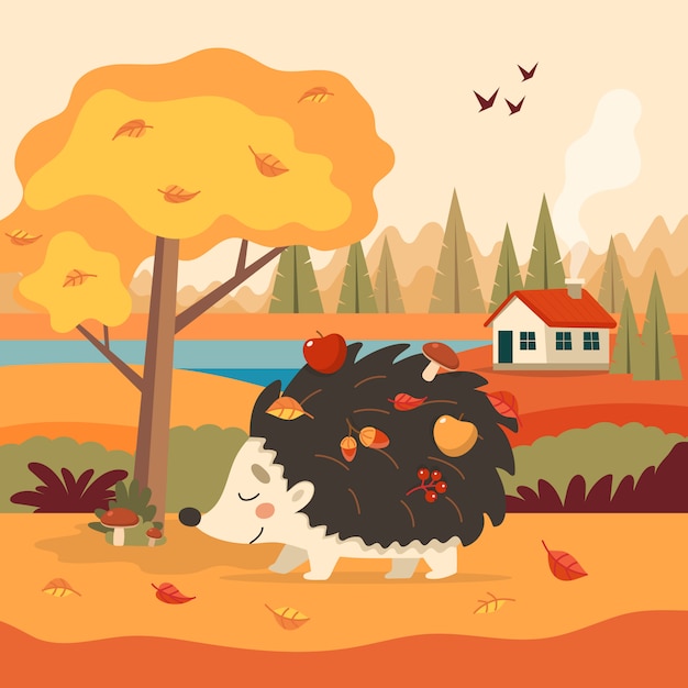 Leuke egel met de herfst met boom en een huis.