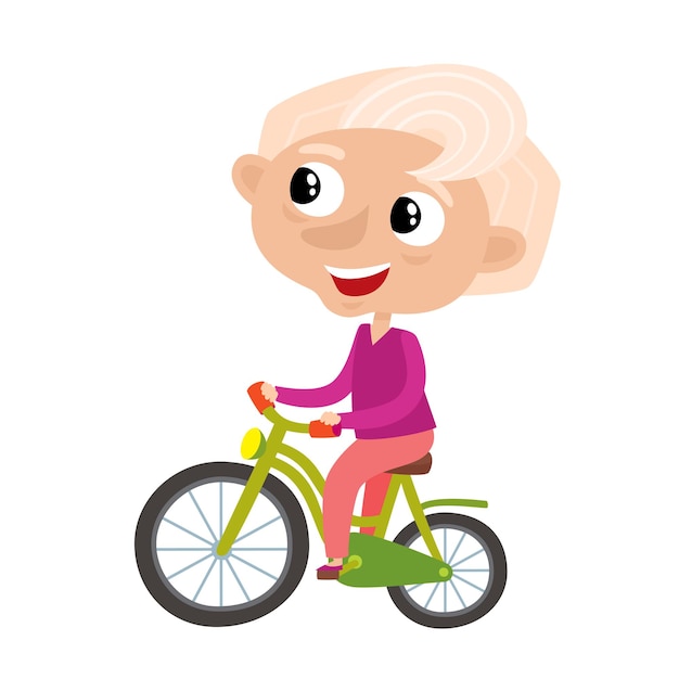 Leuke elegante sportieve grootmoeder in cartoon-stijl op wit wordt geïsoleerd. illustratie van gelukkige oude vrouw op de fiets