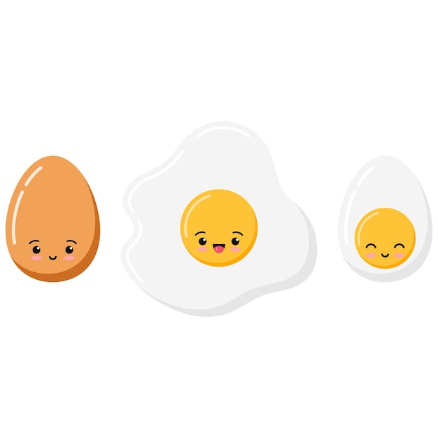 Leuke emoji gebakken, gekookte en halve eieren icon set geïsoleerd op een witte achtergrond. Platte cartoon kawaii stijl vector voedsel karakter illustratie. Eieren met mooie emoticongezichten.