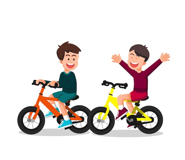 Leuke en gelukkige jongens die samen fietsen | Premium Vector