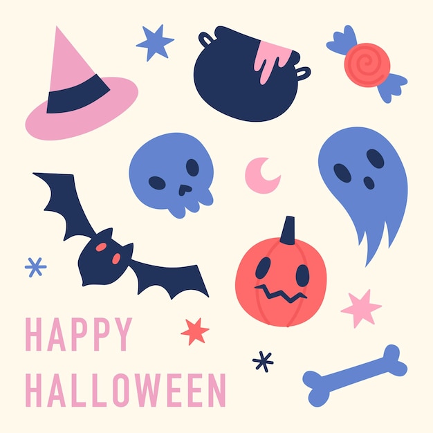 Leuke en grappige halloween handgetekende symbolen vector illustratie