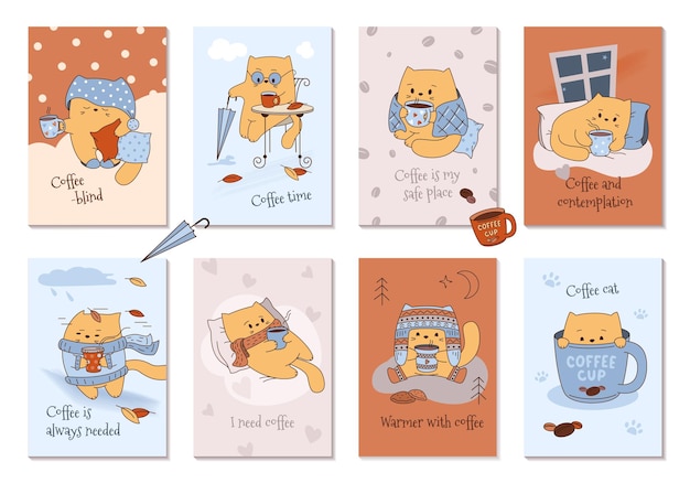 Leuke en grappige kat met koffie in verschillende situaties Een set kaarten